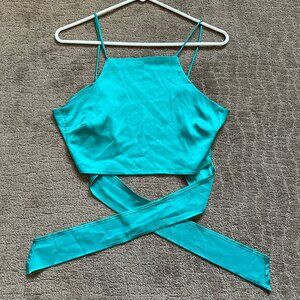 Turquoise Satin Crop Tank Top